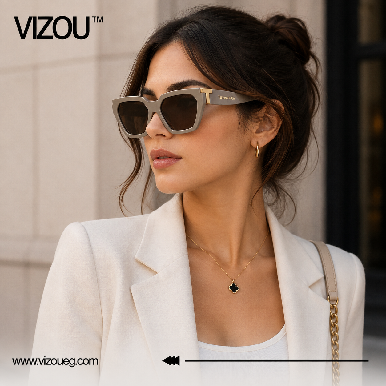 Luxury Cat-Eye Sunglasses – Soft Grey Brown Gold Edition VZ-191