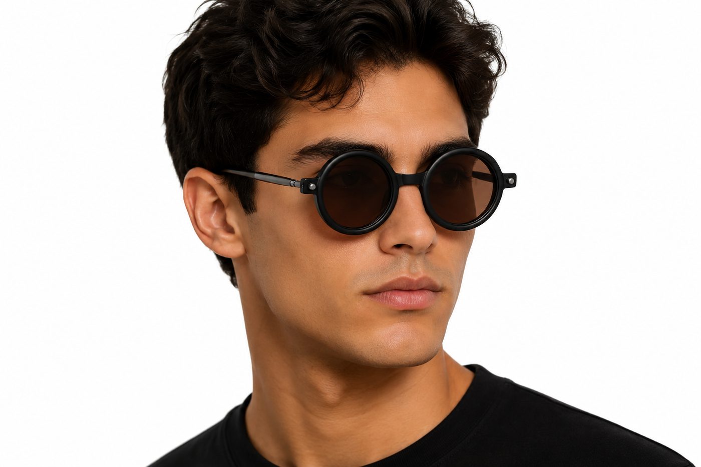 Minimalist round sunglasses with a matte black frame and warm brown lense