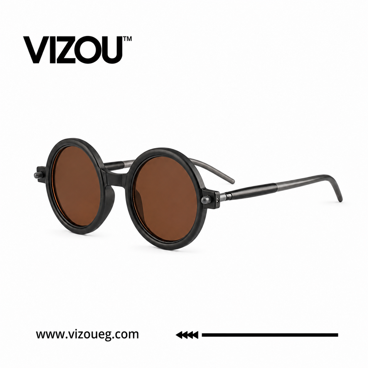 Minimalist round sunglasses with a matte black frame and warm brown lense Main image