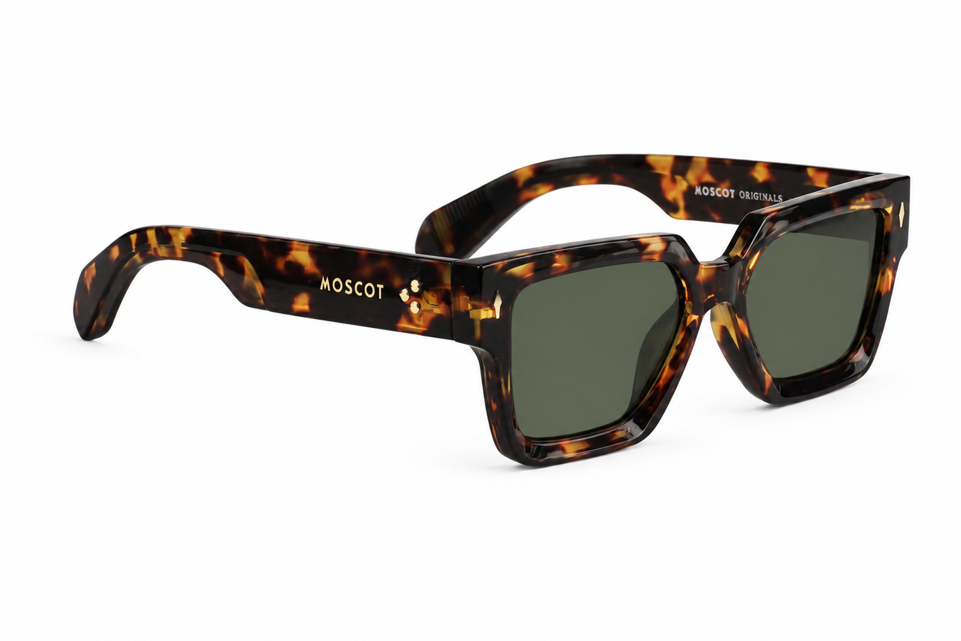 Bold square sunglasses with a premium tortoise frame and green lenses