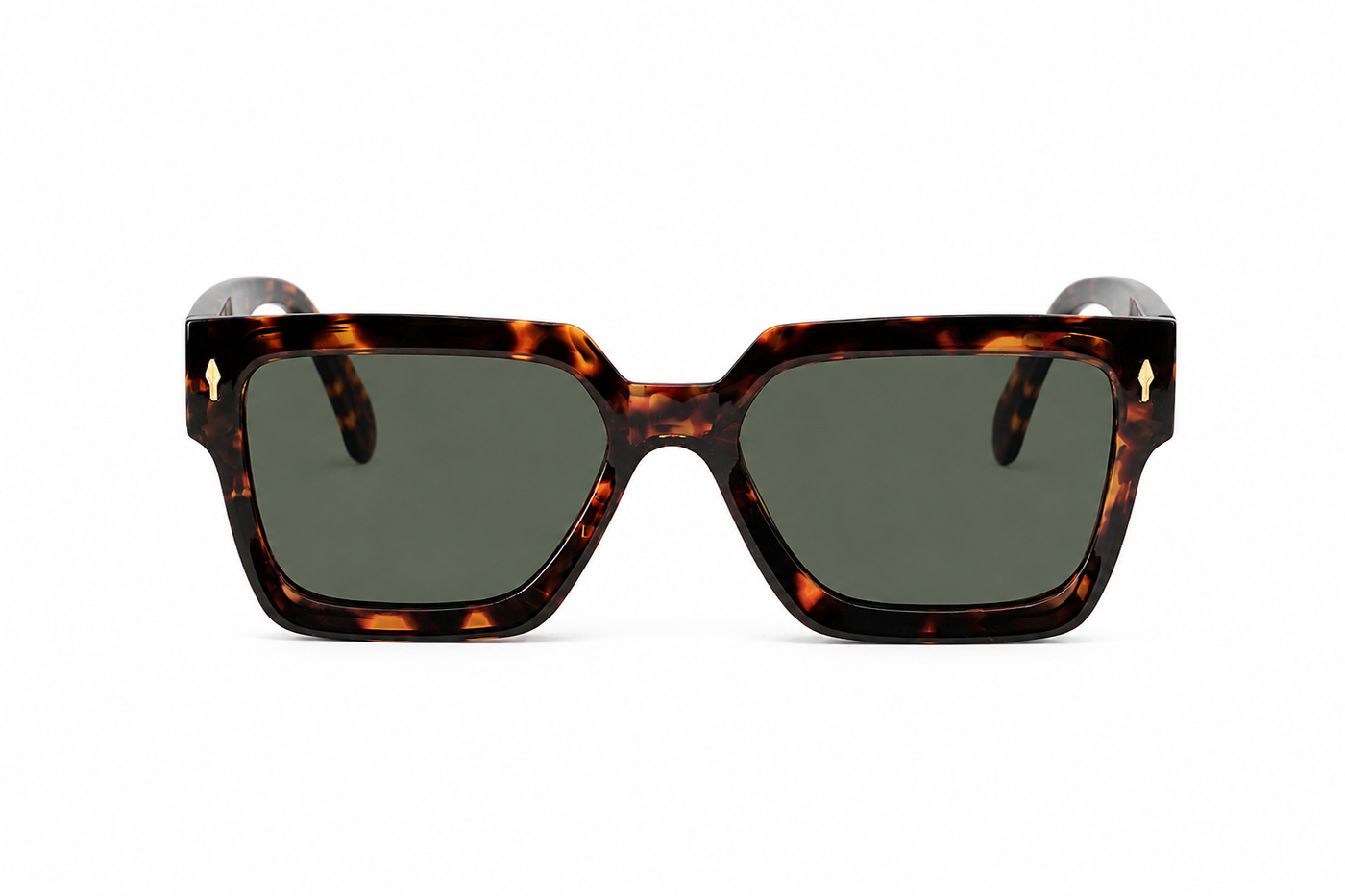 Bold square sunglasses with a premium tortoise frame and green lenses