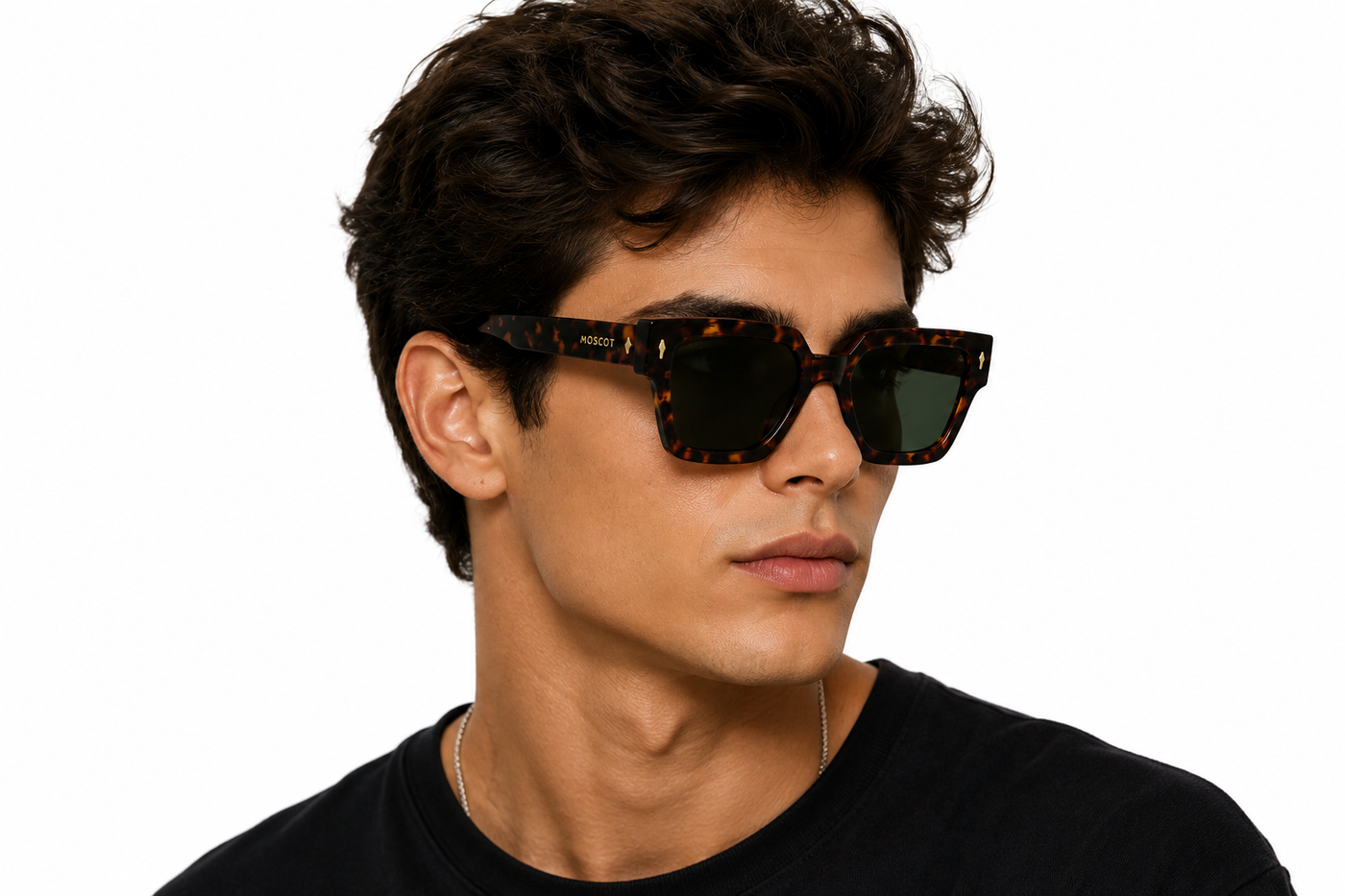 Bold square sunglasses with a premium tortoise frame and green lenses