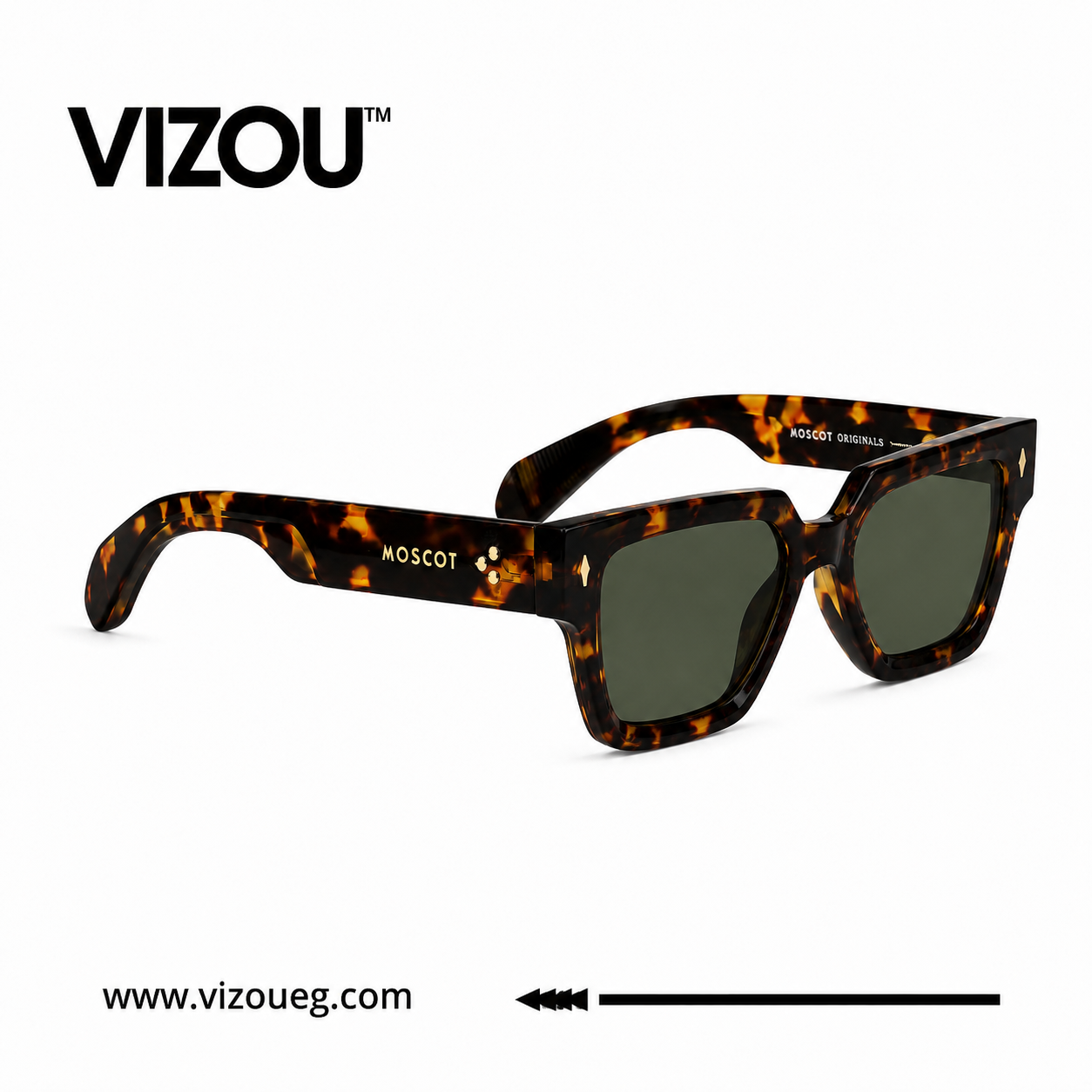 Bold square sunglasses with a premium tortoise frame and green lenses