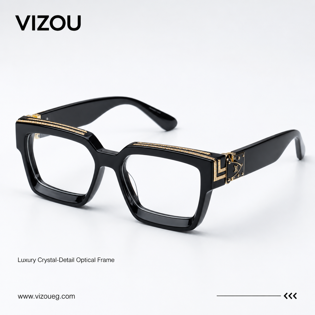 Luxury Oversized Square Optical Frame – Black Gold Crystal Edition VZ-035 Main image