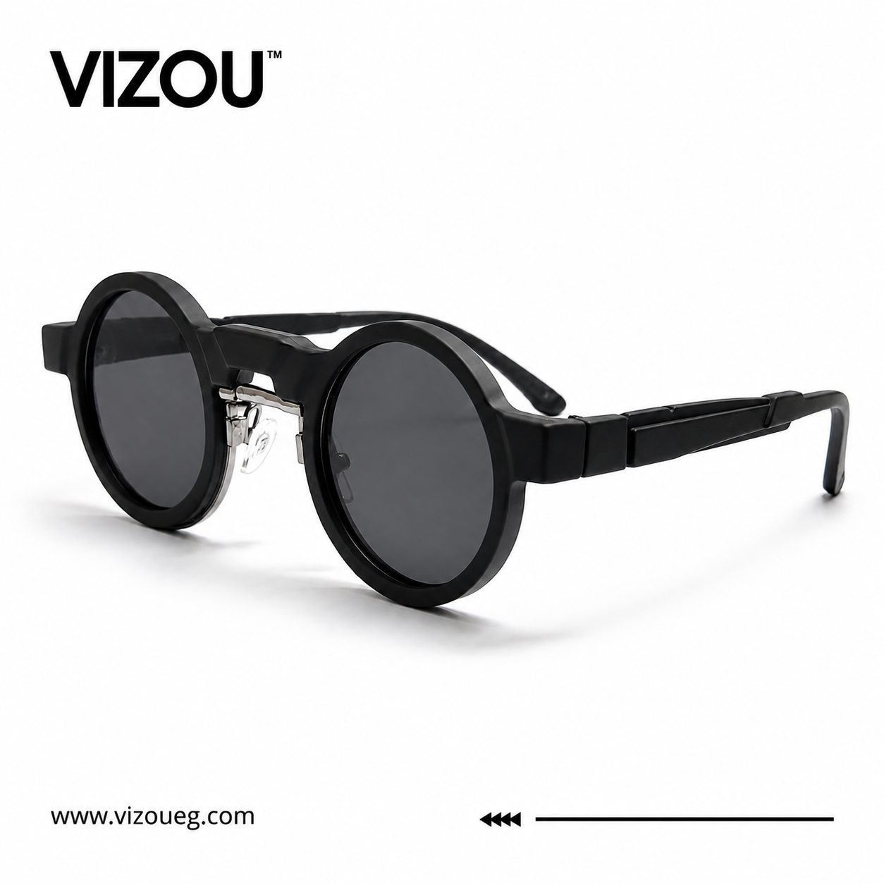 Luxury Round Frame Sunglasses – Matte Black Silver Detail Edition VZ-137