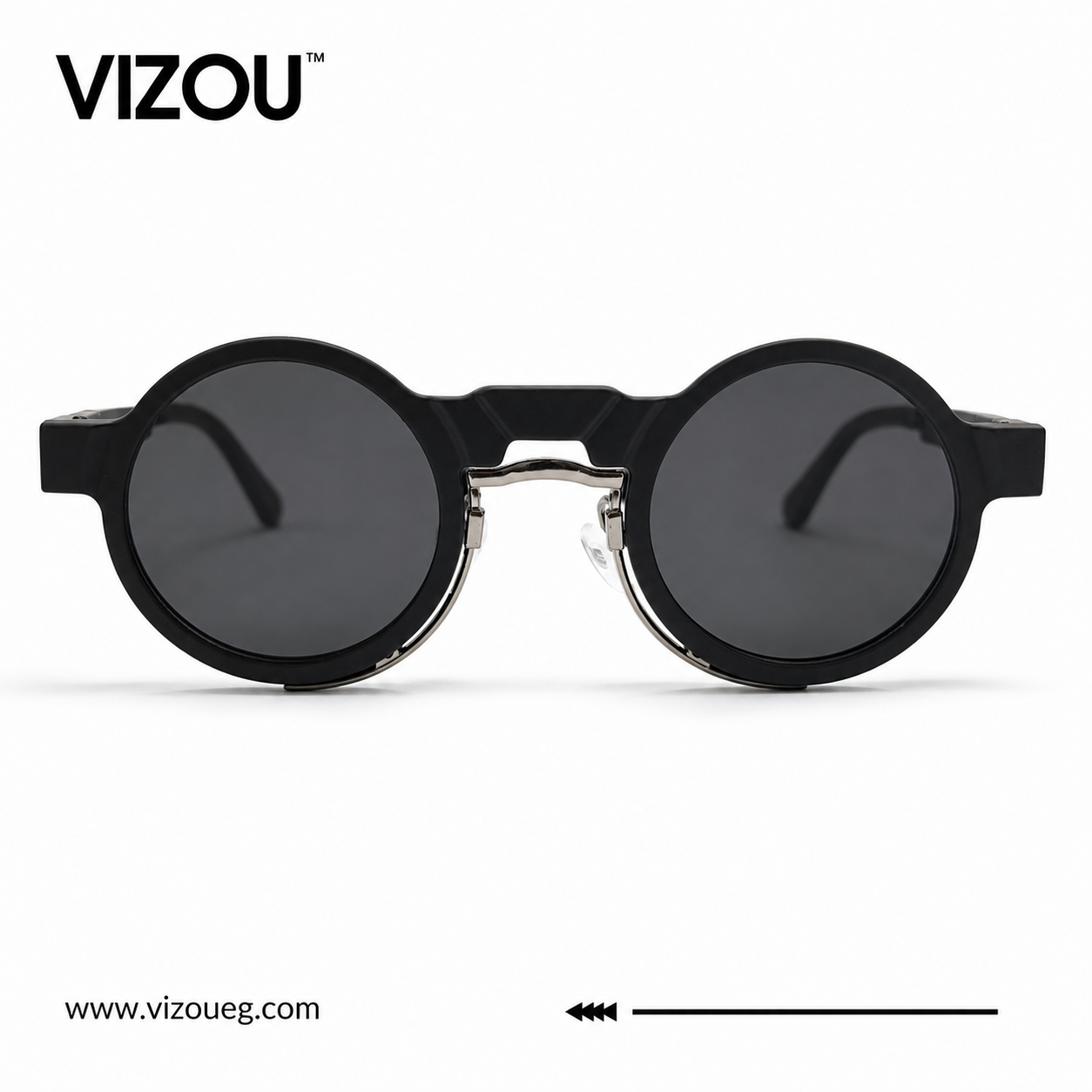 Luxury Round Frame Sunglasses – Matte Black Silver Detail Edition VZ-137