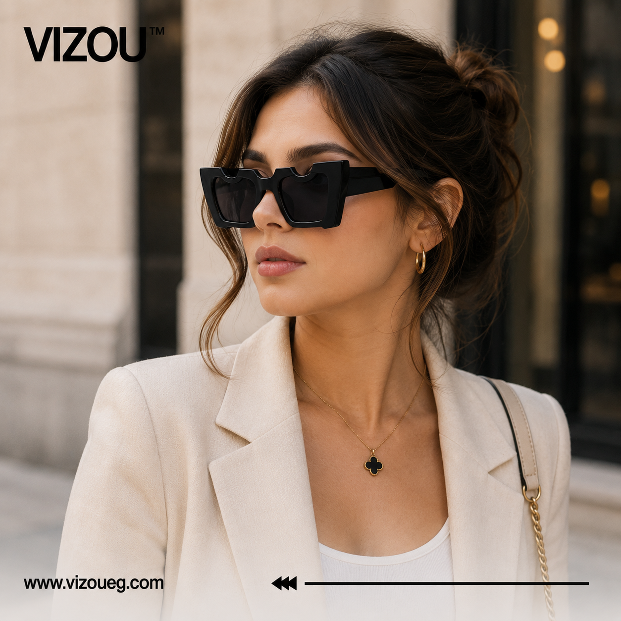 Luxury Sculpted Square Sunglasses – Glossy Black Cut-Out Edition VZ-155