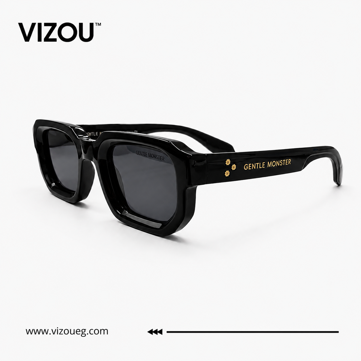 Luxury Geometric Square Sunglasses – Glossy Black Gold Accent Edition VZ-126