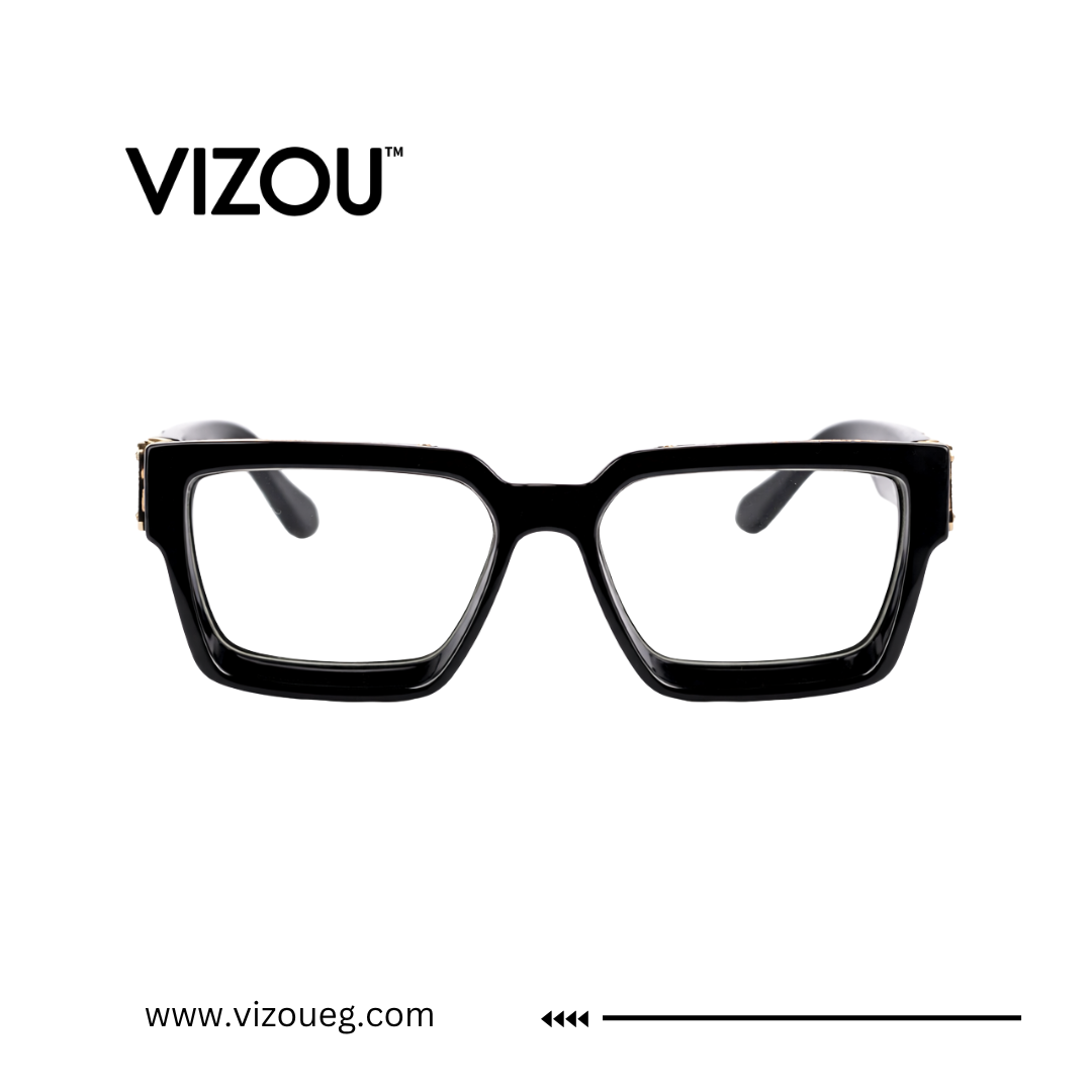 Black eyeglasses with 'VIZOU' branding on a white background