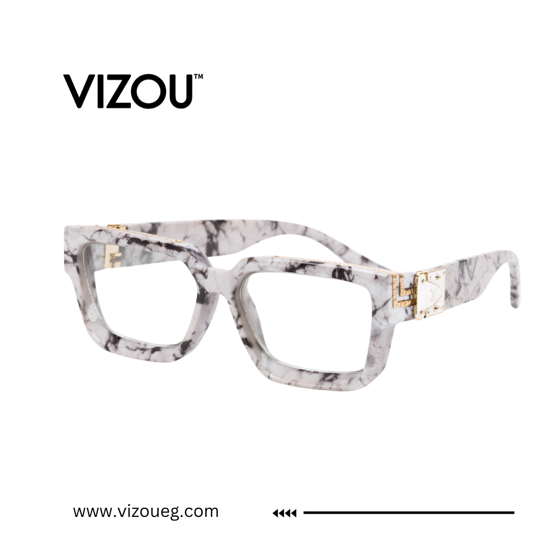 Marble-patterned eyeglasses with 'VIZOU' branding on a white background
