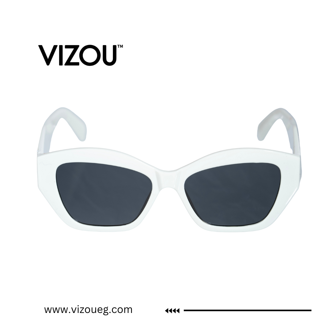 White cat-eye sunglasses with dark gray lenses, shown against a plain white background with the brand name VIZOU at the top. Main image