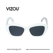 White cat-eye sunglasses with dark gray lenses, shown against a plain white background with the brand name VIZOU at the top.