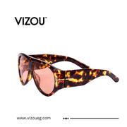 Tortoiseshell sunglasses with pink lenses on a white background, featuring the VIZOU brand.
