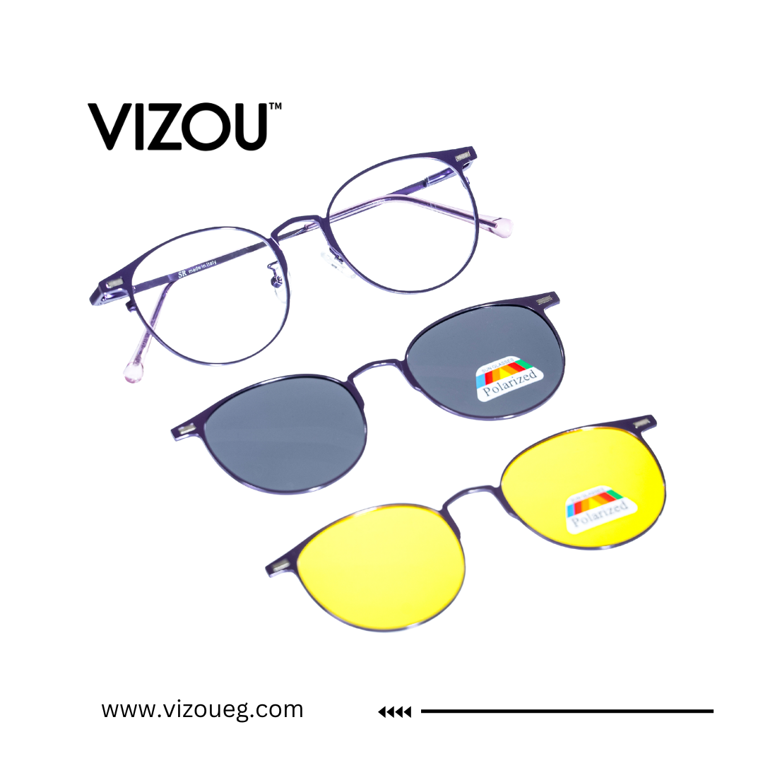 Two pairs of sunglasses with different colored lenses on a white background, featuring the Vizou brand. Main image