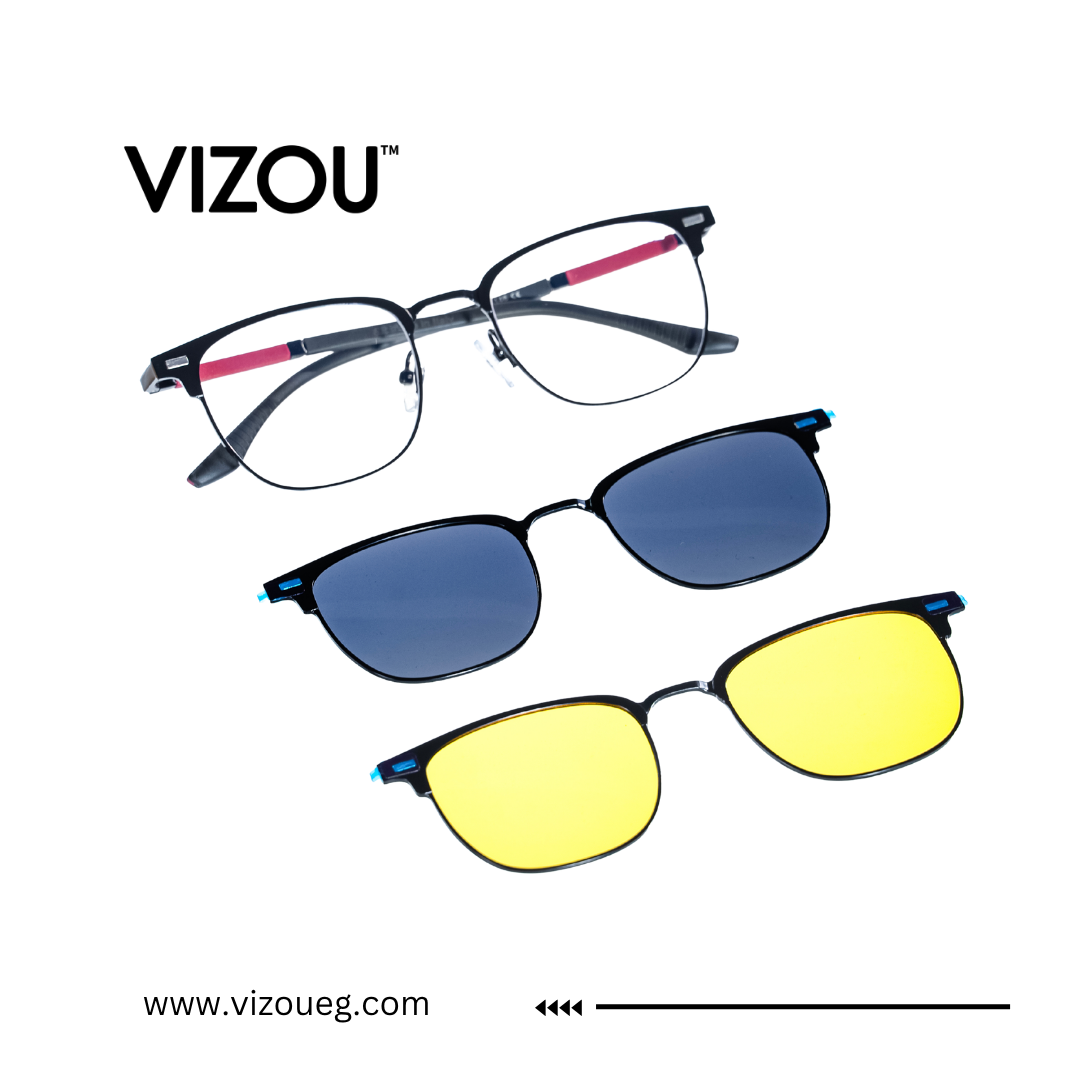 Two pairs of glasses with different lens colors on a white background, featuring the VIZOU brand.