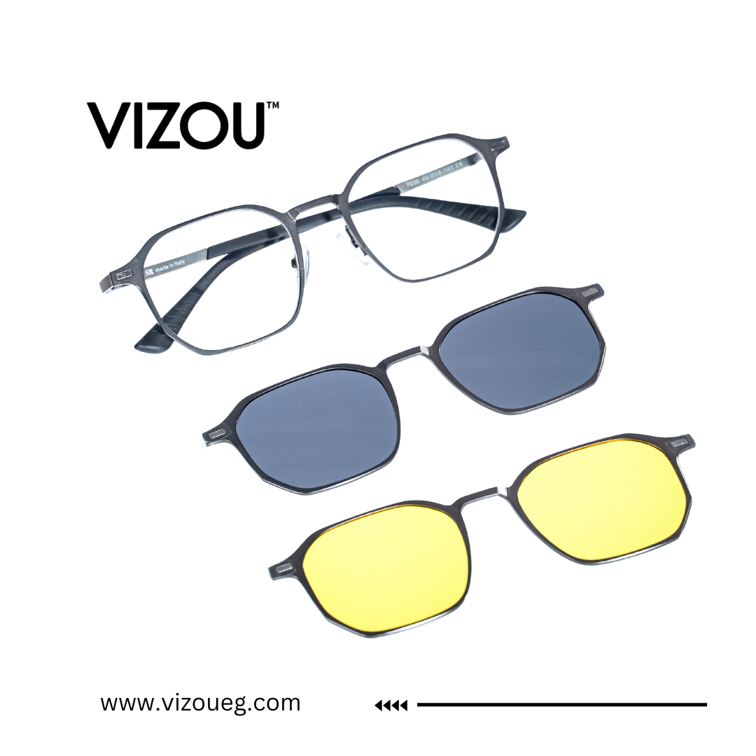 Eyeglasses with interchangeable lens options on a white background, featuring the VIZOU brand.