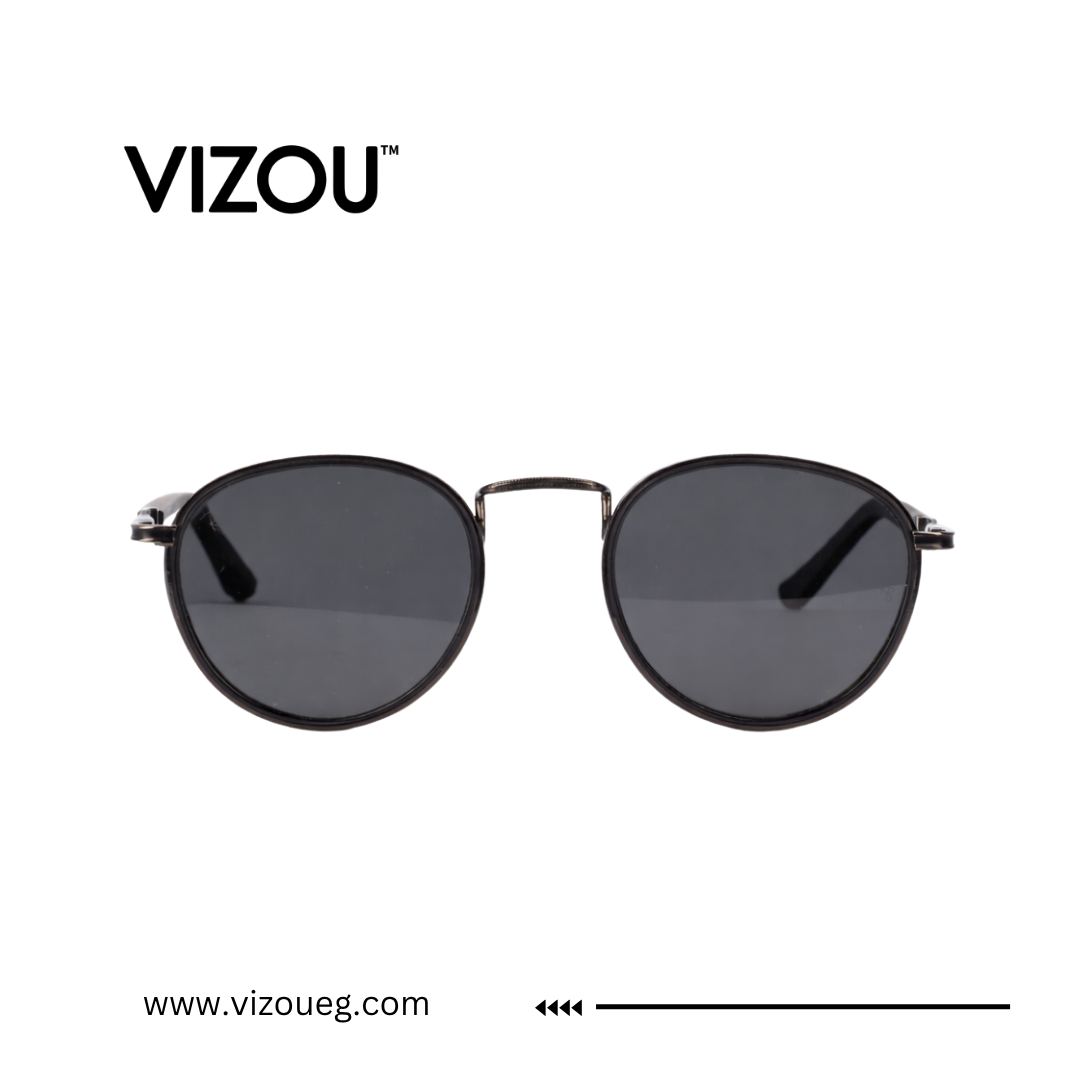 Round sunglasses with dark lenses on a white background, featuring the VIZOU brand. Main image