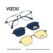Eyeglasses with clip-on sunglasses featuring Polkvision logo on a white background, branded 'VIZOU'.