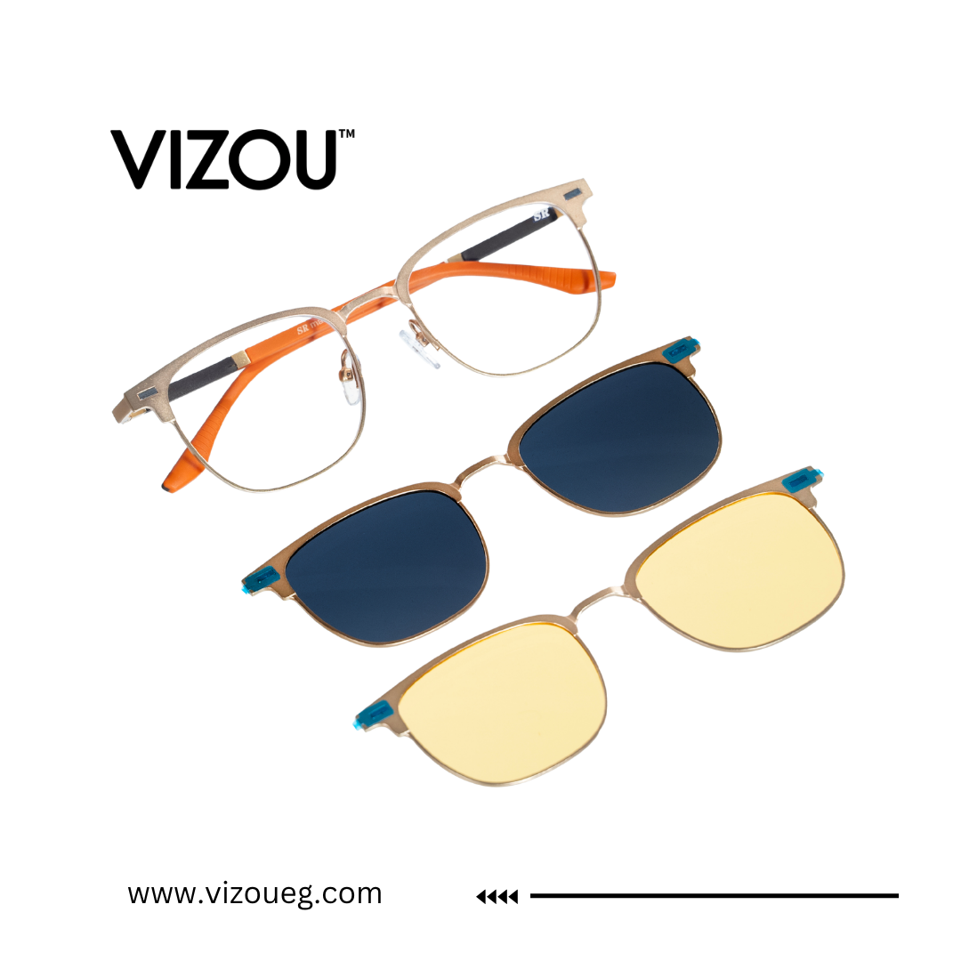 Eyeglasses with interchangeable lenses on a white background, featuring the VIZOU brand.