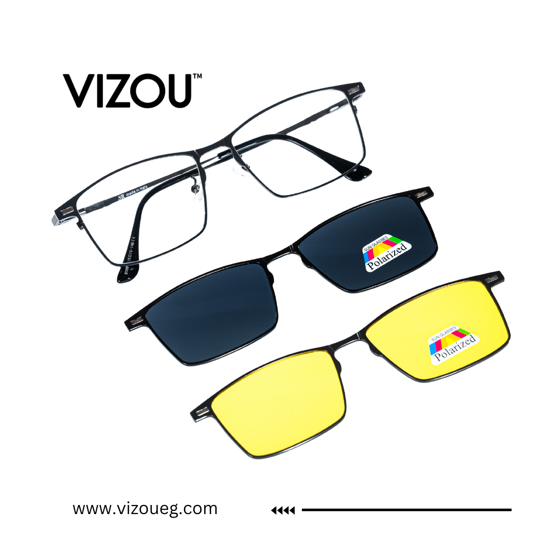 Vizou eyewear with black, blue, and yellow lenses on a white background