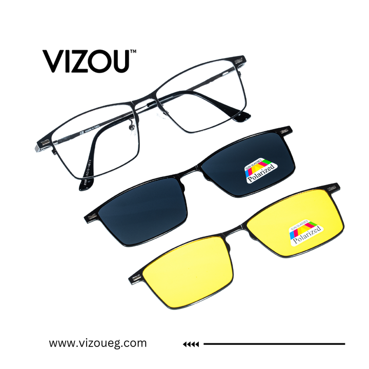 Vizou eyewear with black, blue, and yellow lenses on a white background