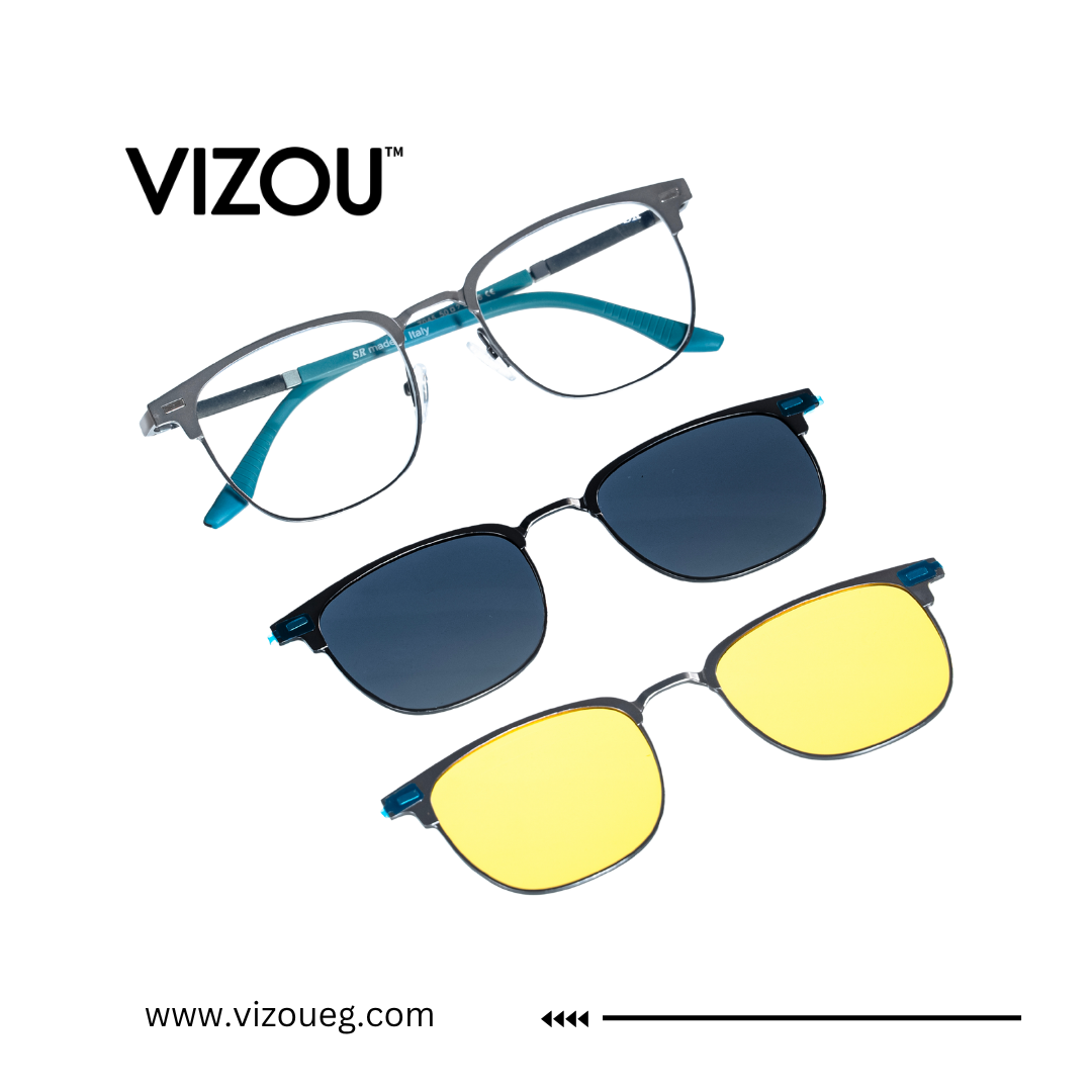 Vizou eyewear with interchangeable lenses on a white background