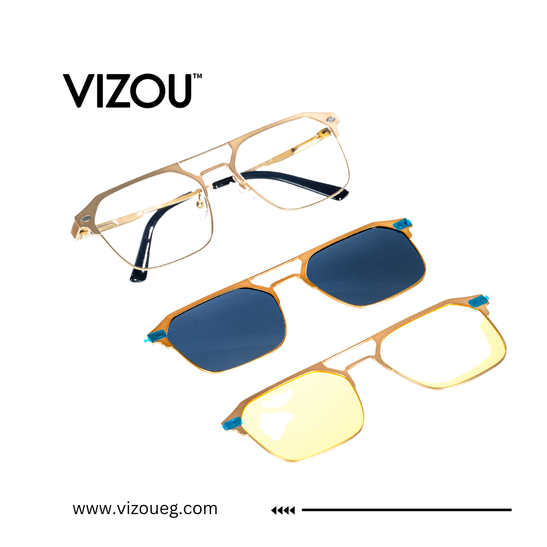 Gold-framed sunglasses with blue and yellow lenses on a white background, featuring the VIZOU brand.