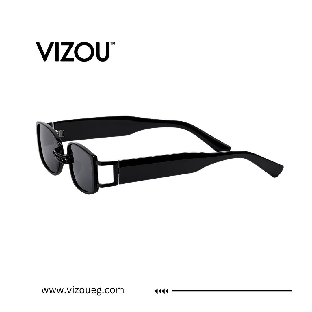 Black sunglasses with 'VIZOU' branding on a white background
