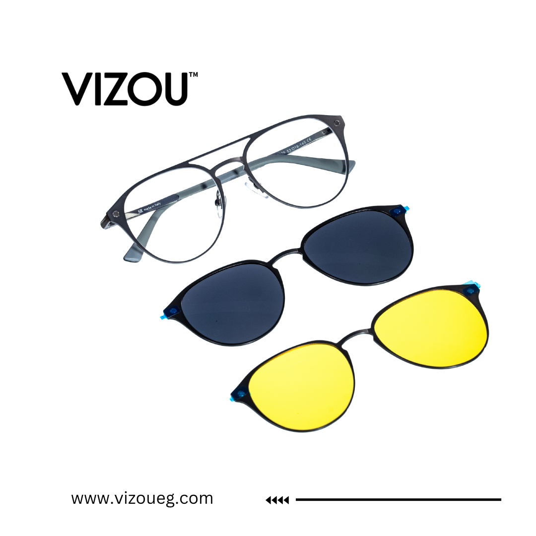 Two pairs of eyeglasses with interchangeable lenses on a white background, featuring the VIZOU brand. Main image