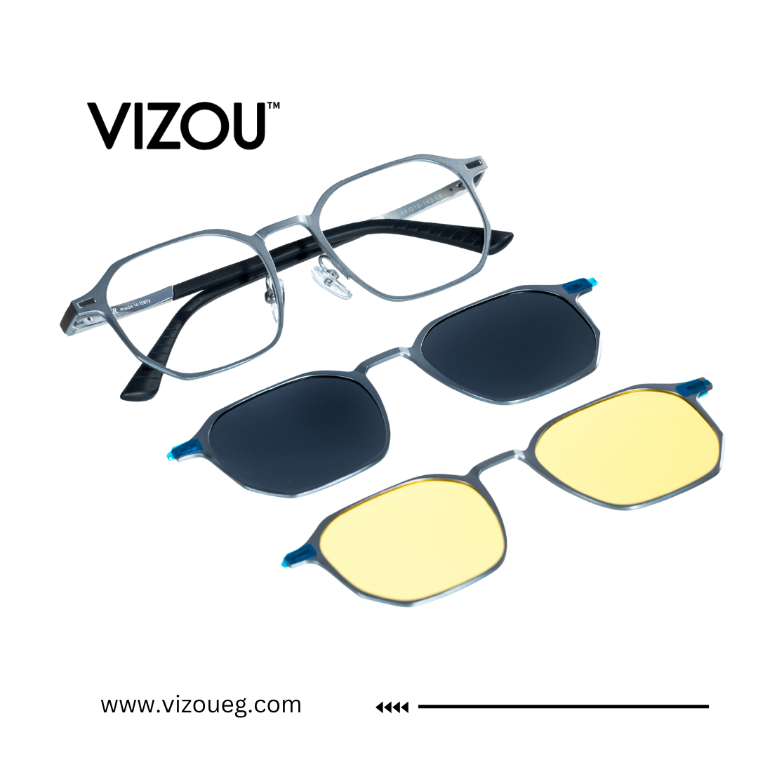 Eyeglasses with interchangeable lenses on a white background, featuring the VIZOU brand. Main image