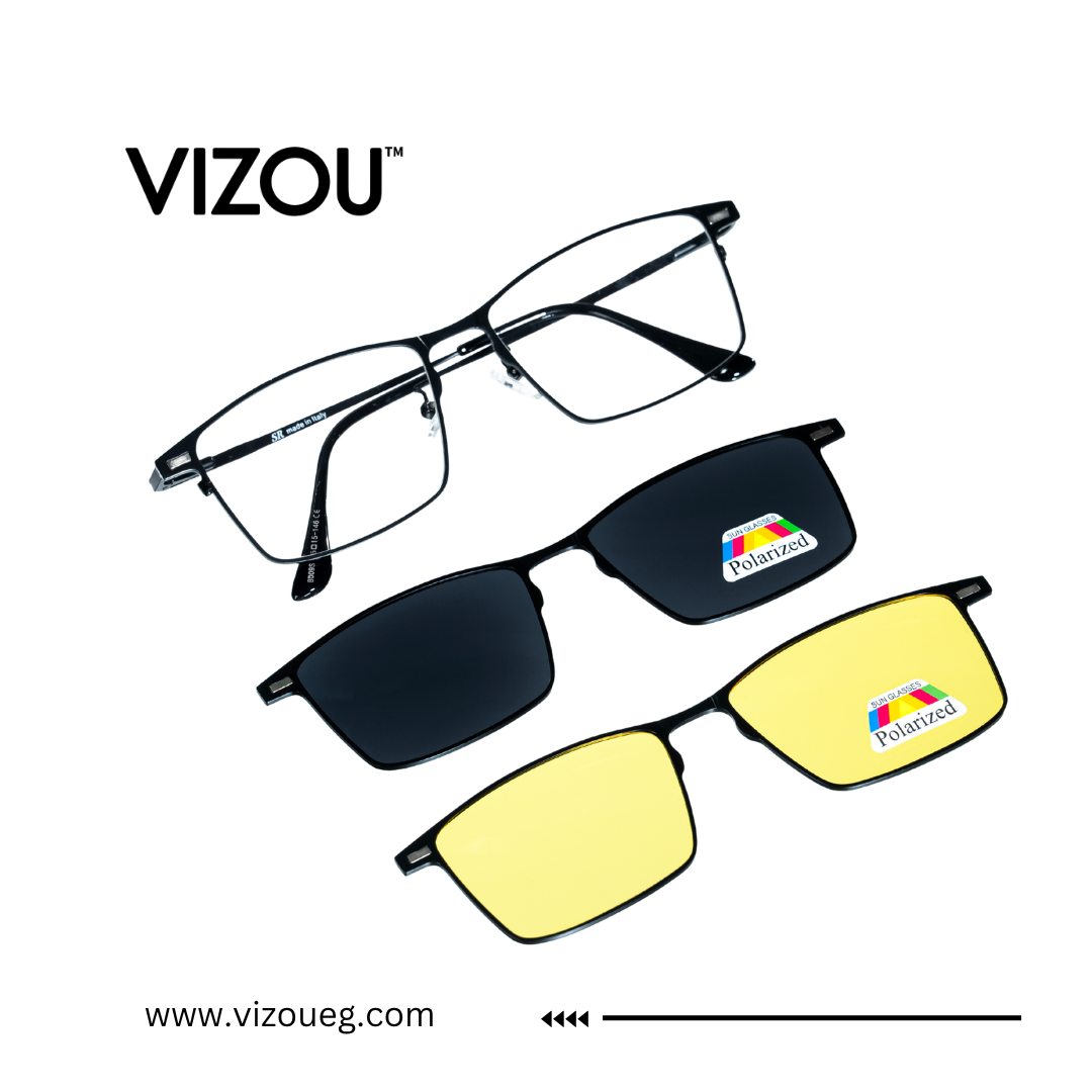 Two pairs of glasses with 'Polarized' label on a white background, featuring the VIZOU brand.
