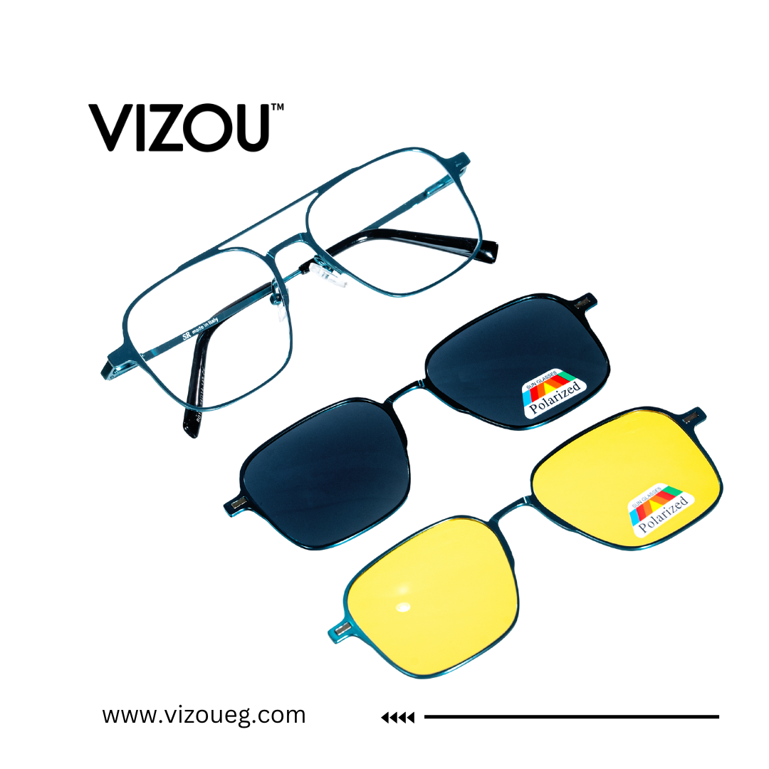Eyeglasses with clip-on sunglasses featuring Vizou branding on a white background. Main image