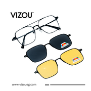 Eyeglasses with two pairs of sunglasses featuring the Vizou brand on a white background.