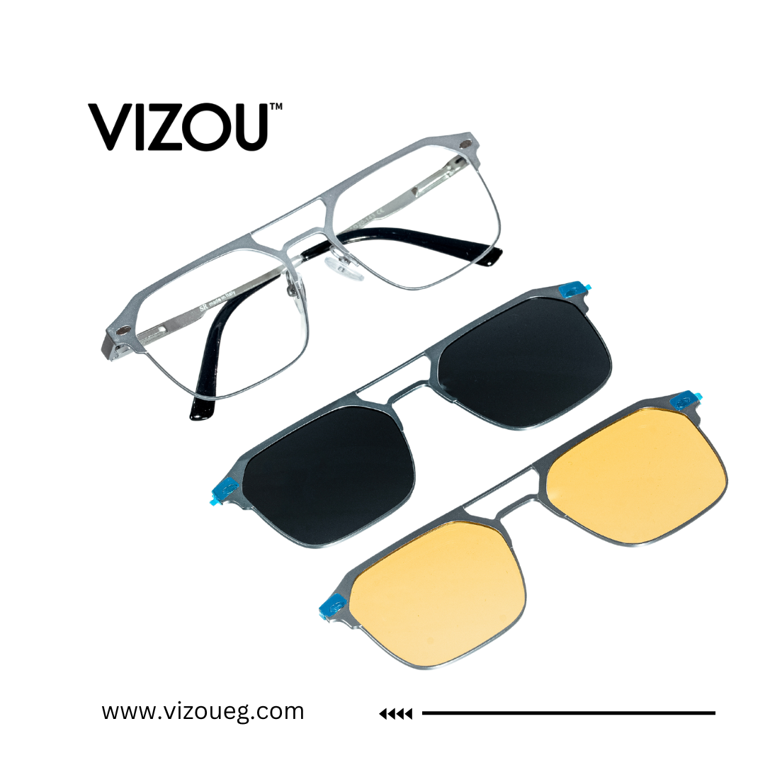 Vizou eyewear with interchangeable lenses on a white background