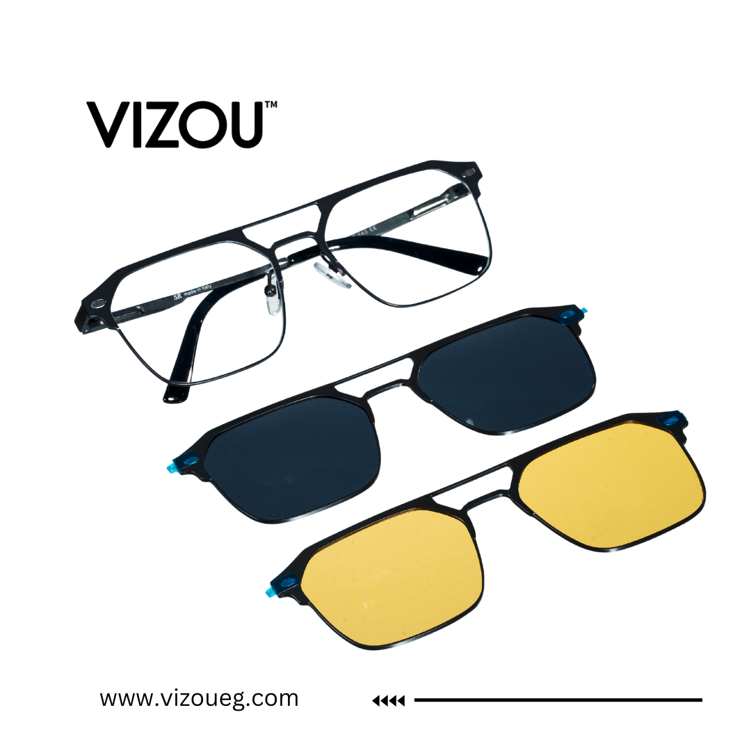 Two pairs of sunglasses with interchangeable lenses on a white background, featuring the VIZOU brand. Main image