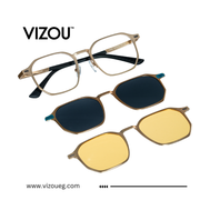 Vizou eyewear with gold frames and different colored lenses on a white background