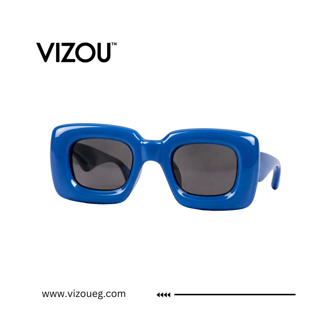 Blue sunglasses with dark lenses on a white background, featuring the VIZOU brand. Main image