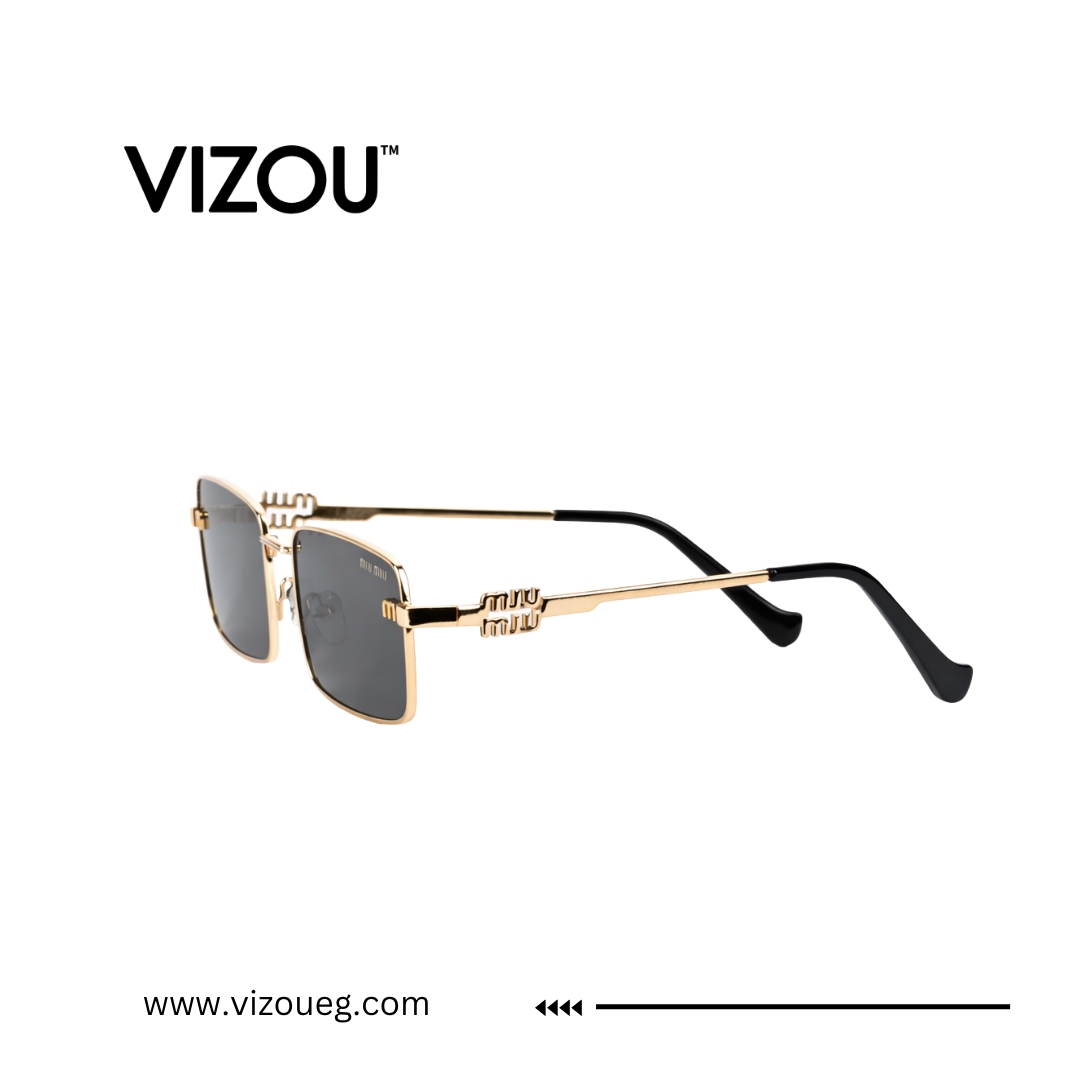 Gold-framed sunglasses with black arms on a white background, featuring the VIZOU brand.