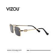 Gold-framed sunglasses with black arms on a white background, featuring the VIZOU brand.