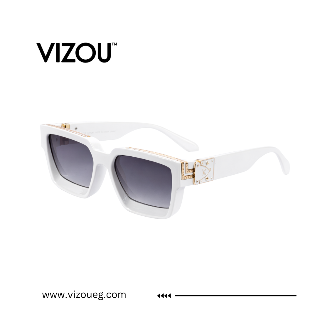 White sunglasses with gold accents on a white background, featuring the VIZOU brand. Main image